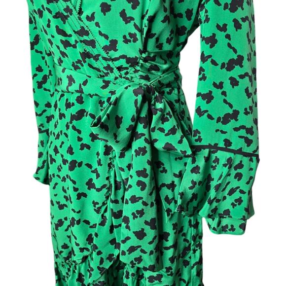 Tonya Taylor Nomi Wrap Ruffle Silk Dress Green Leopard Print Size 8 - Picture 3 of 14